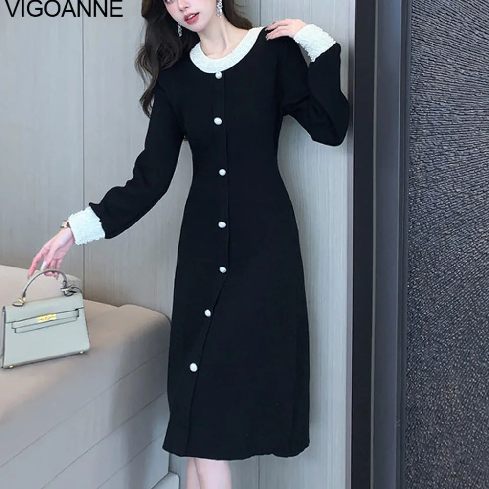 VigoAnne 2025 Female Spring Autumn Solid Knit Dress Woman Long Sleeve O Neck Knitted Dresses Lady Party Tight Long Sweater Dress