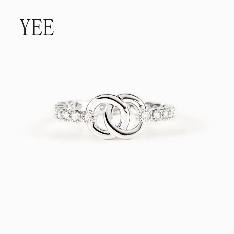 

YEE S925 Pure Silver Chain Stud Interlocking Zircon Ring for Women's Minimalist Wedding Couple Rings Accessories Gift