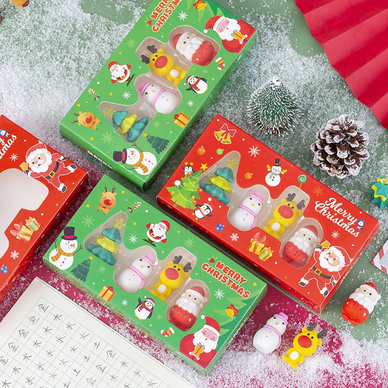 4 pcs/set Merry Christmas Snowman Santa Claus Elk Rubber Eraser Kawaii Erasers School Supplies Stationery Students Cool Prizes