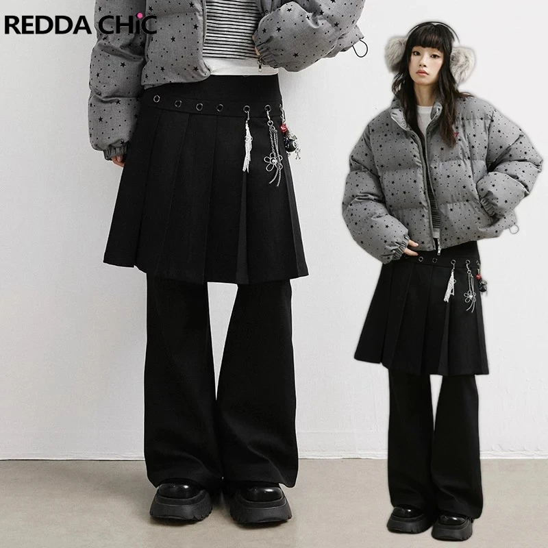 REDDACHiC Skirt Overlay Women Dress Pants Black Eyelets Pleats Low Waist Bootcut Wide Leg Trousers Acubi Fashion Y2k Streetwear