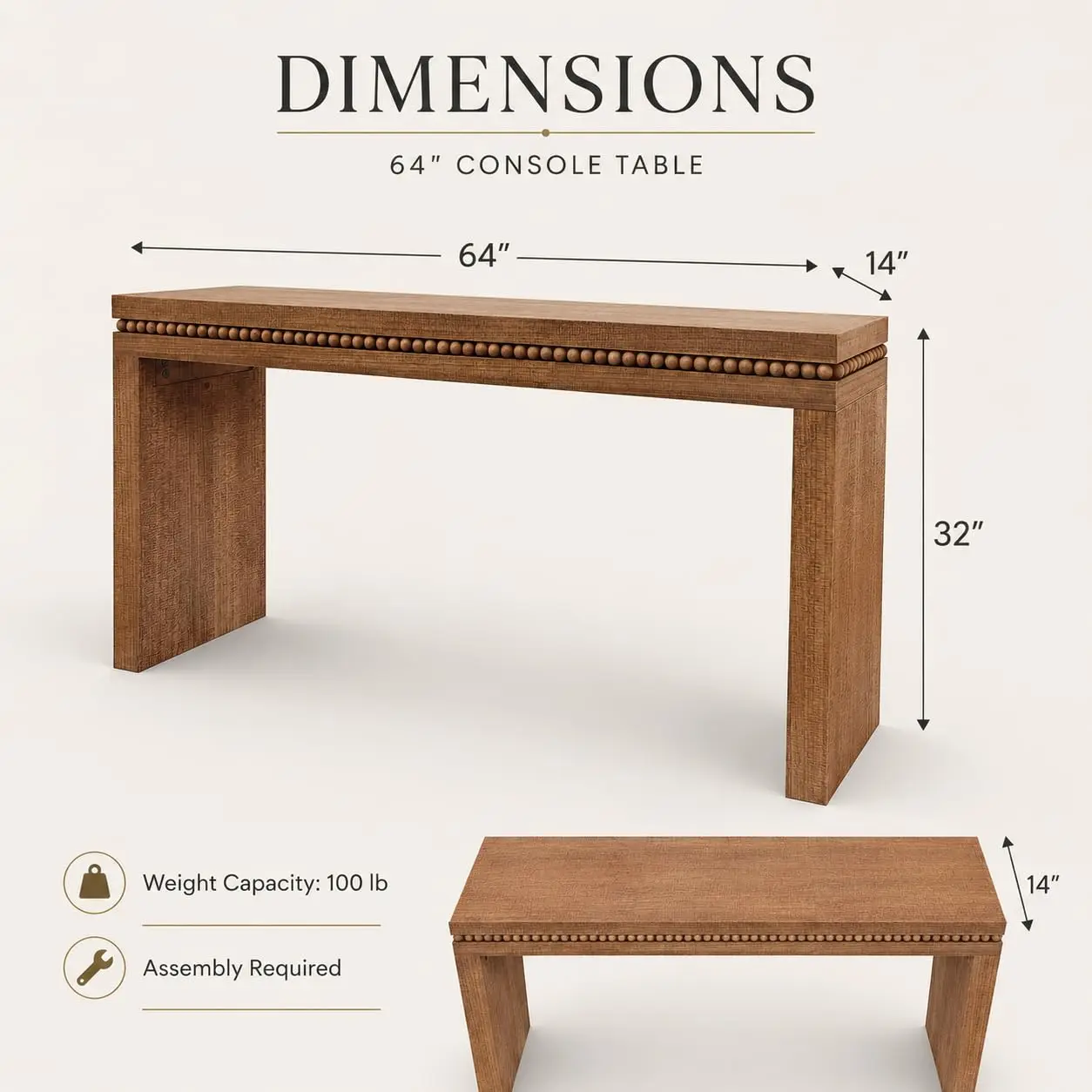 Antique Natural Finish Console Table with Decorative Beaded Trim 64-Inch, Customized