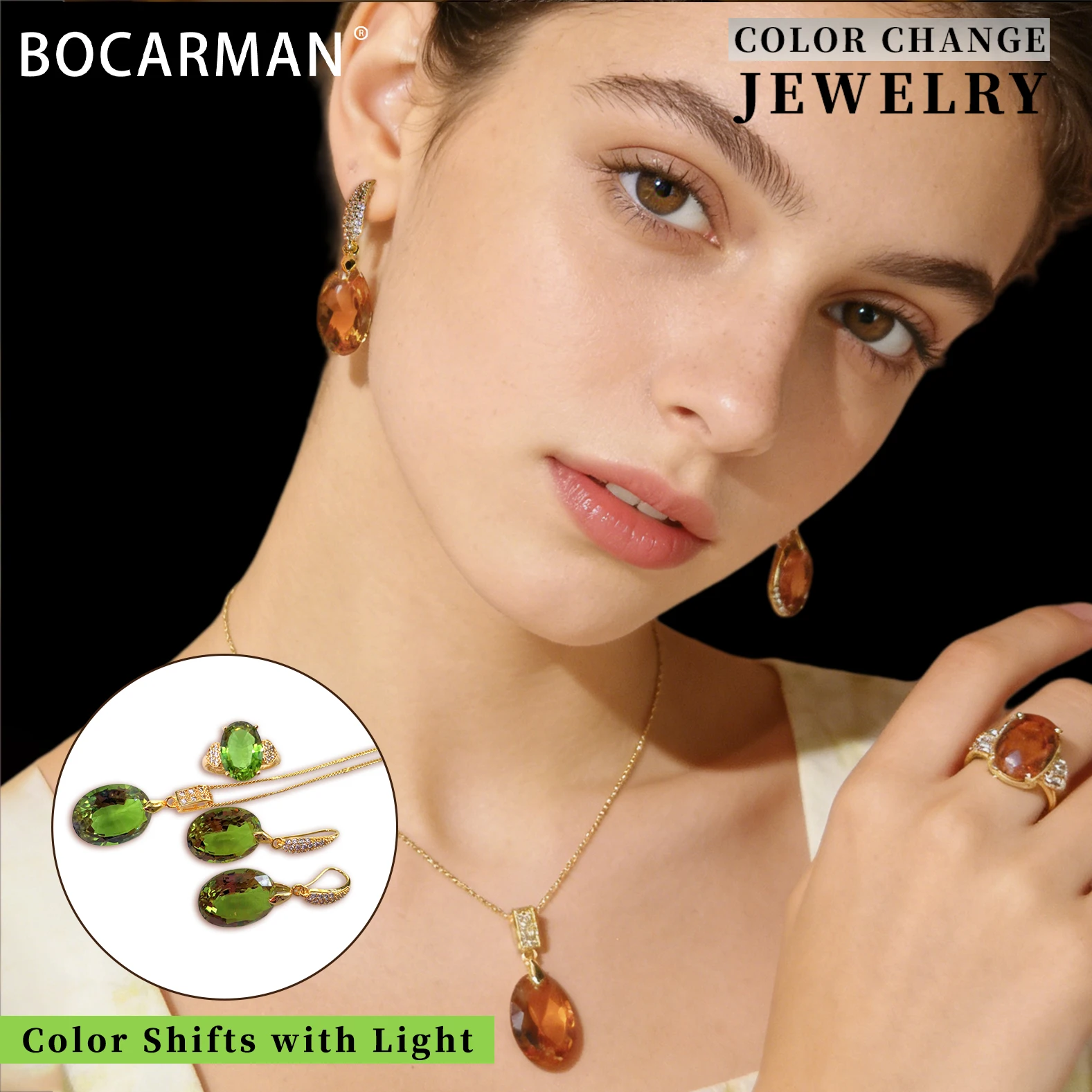 BOCARMAN Sultanite Zultanite Jewelry Set Women Color Changing Oval Ring Earrings Necklace Light Sensitive Gemstone Bridal Gift