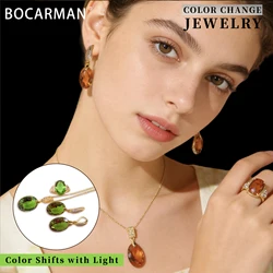BOCARMAN Synthetic Sultanite Zultanite Jewelry Set Women Color Changing Oval Ring Earrings Necklace Light Sensitive Gemstone