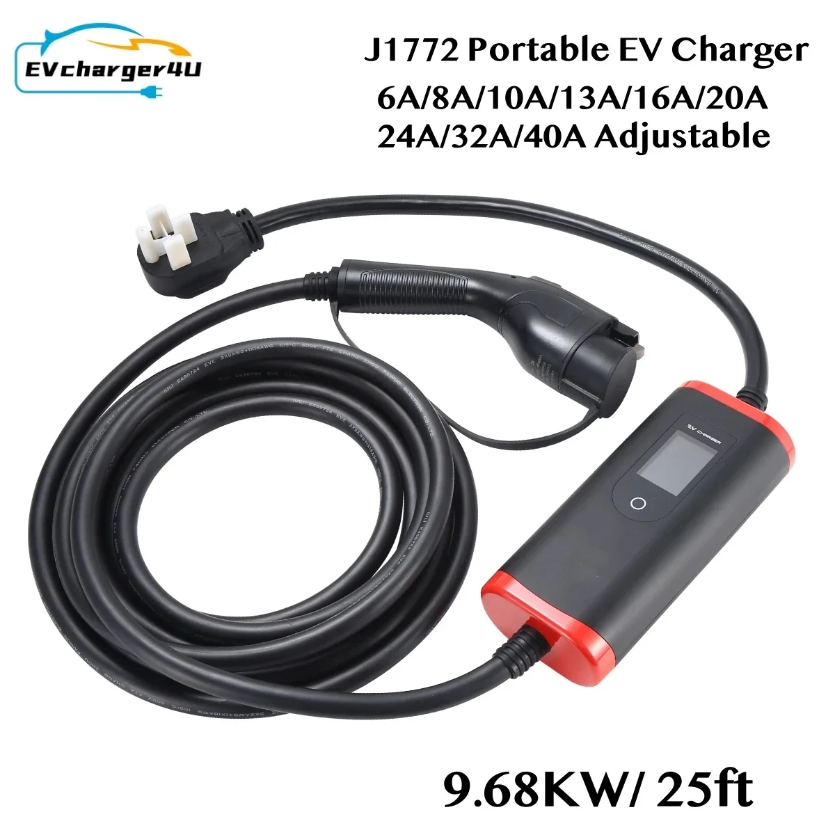 EVcharger4U NEMA 14-50 40A 9.6KW Level 2 EV Charger Type1 J1772 with 25ft Charging Cable Electric Vehicle Portable Station