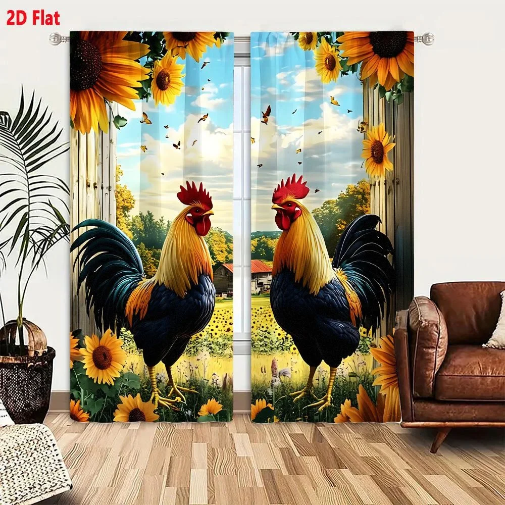 Vibrant Rooster and Sunflower Print Curtain Panels for Home Decor Sunlight Filtering Window Treatment