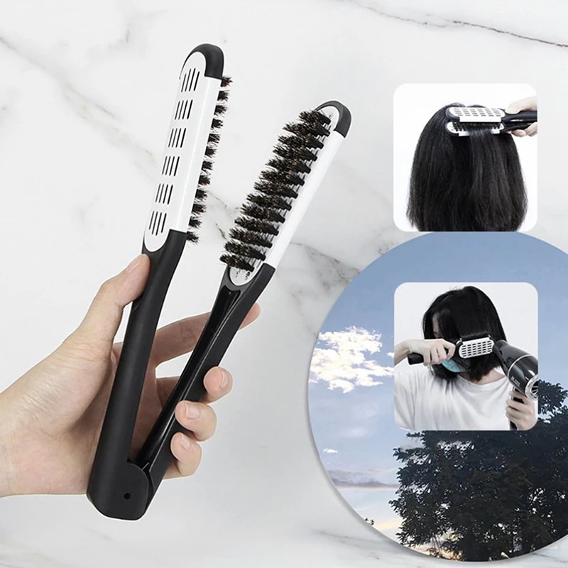 Pro Hairdressing Straightener Nylon Hair Straightening Double Brushes V Shape Comb Clamp Not Hurt Styling Tools DIY Home