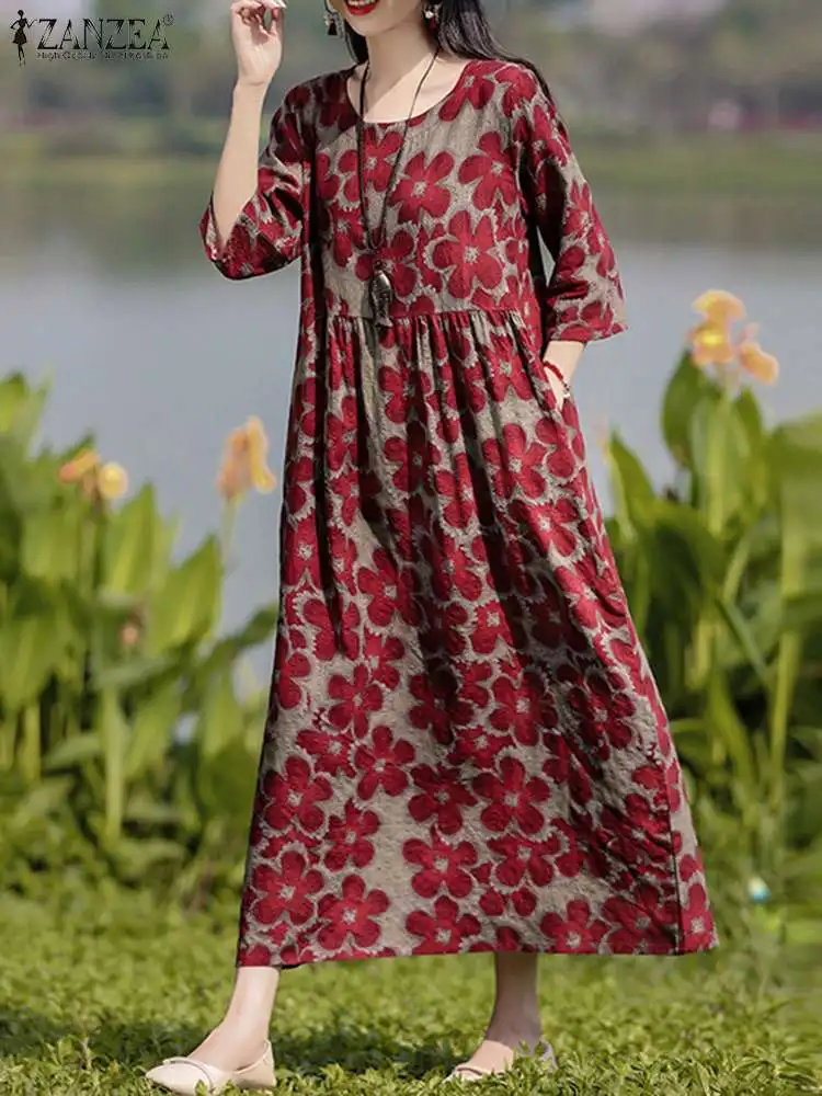 

Vintage Printed Dresses ZANZEA Elegant Floral Maxi Sundress Women Autumn Bohemian Long Dress Casual Full Sleeve Vestidos Robe