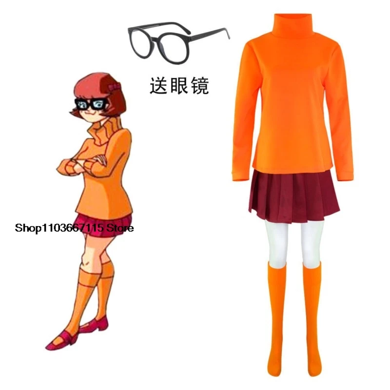 Velma Cosplay Outfit Uniform Wig Anime Woman Daphne Orange Top Skirt Socks Glasses Halloween Costume Set Girls Party Role play