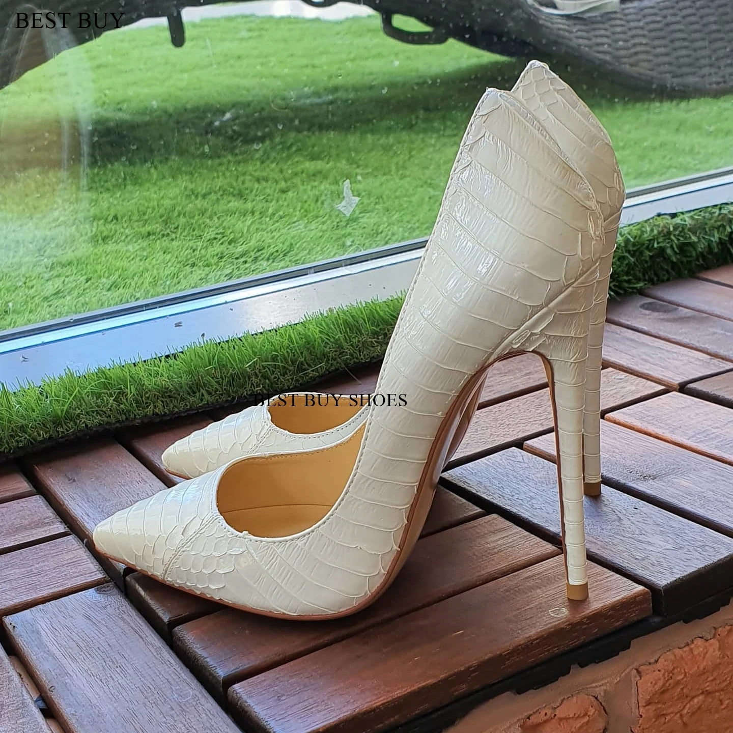 

Bast Buy White Crocodile Effect Women D'Orsay Pointy Toe High Heel Shoes Sexy Ladies Slip On Thin Stiletto Pumps for Party 12cm