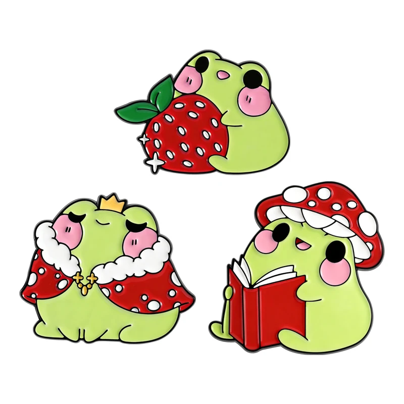 

Funny Cute Frog Prince Brooch Enamel Pins Cartoon Frog With Strawberry Mushroom Brooches Bags Lapel Badge Jewelry Friends Gift