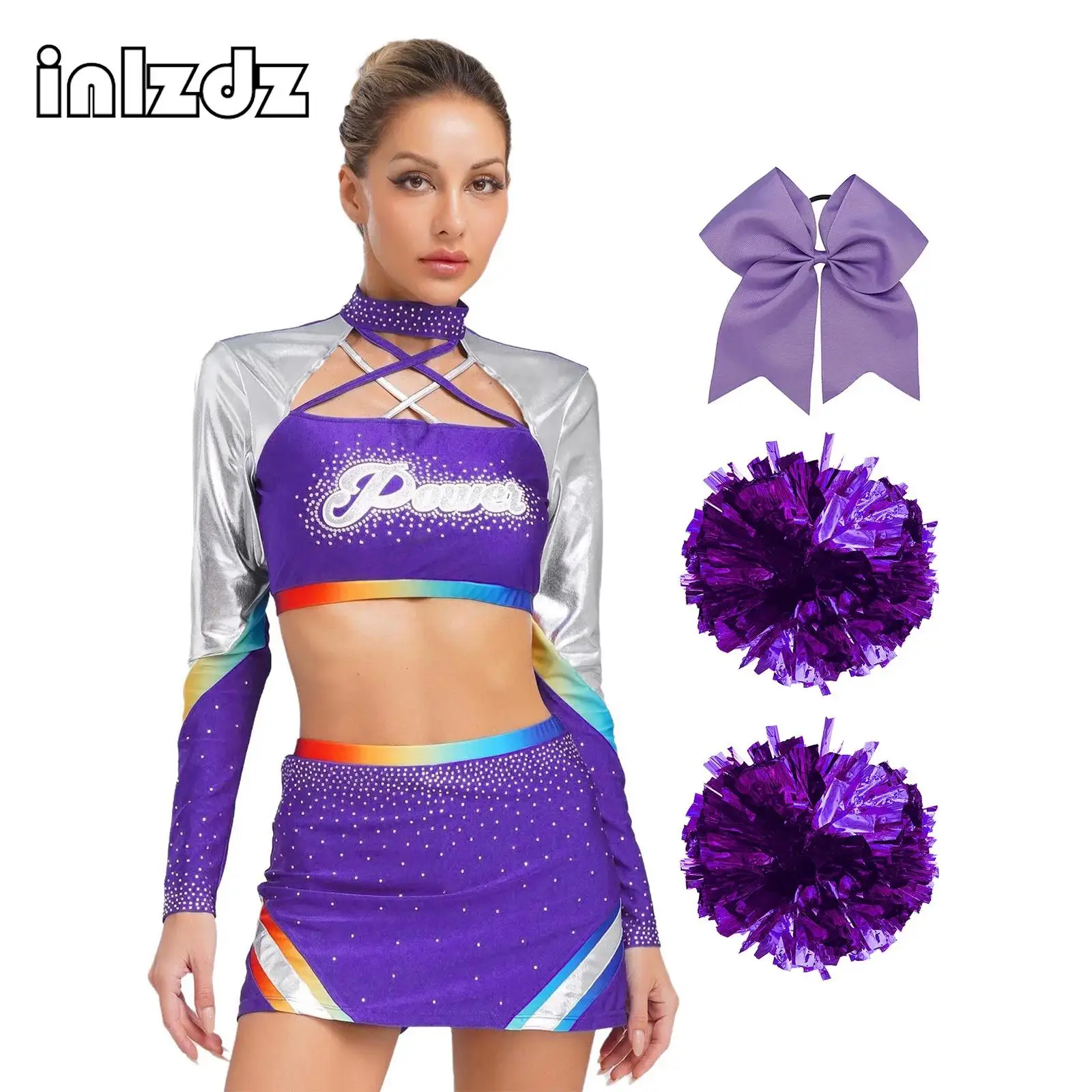 

Womens Cheerleading Uniform Long Sleeves Sequins Sets Cheerleading Performance Outfit for Modern Dance Halloween Role Play Party
