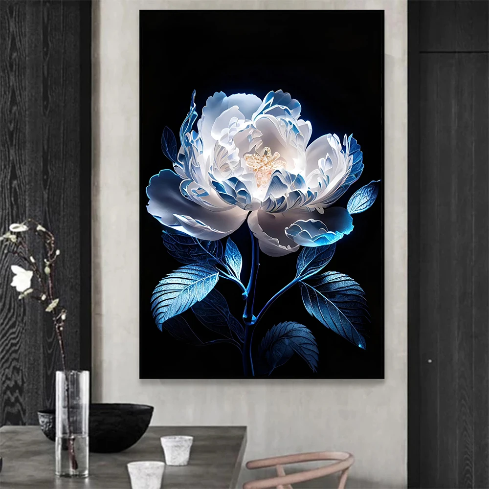 

Flower Canvas Painting Print for Living Room, Abstract Plant Picture, Modern Wall Art, Poster, Blue and White Flower, Home Decor