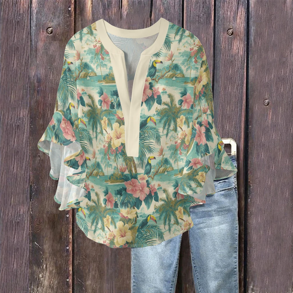 فلامنغو الاستوائية طباعة المرأة بلوزة عصرية الخامس الرقبة جرس الأكمام فلوي التجعيد النسيج قميص الحلو النمط الرعوي بلايز عادية