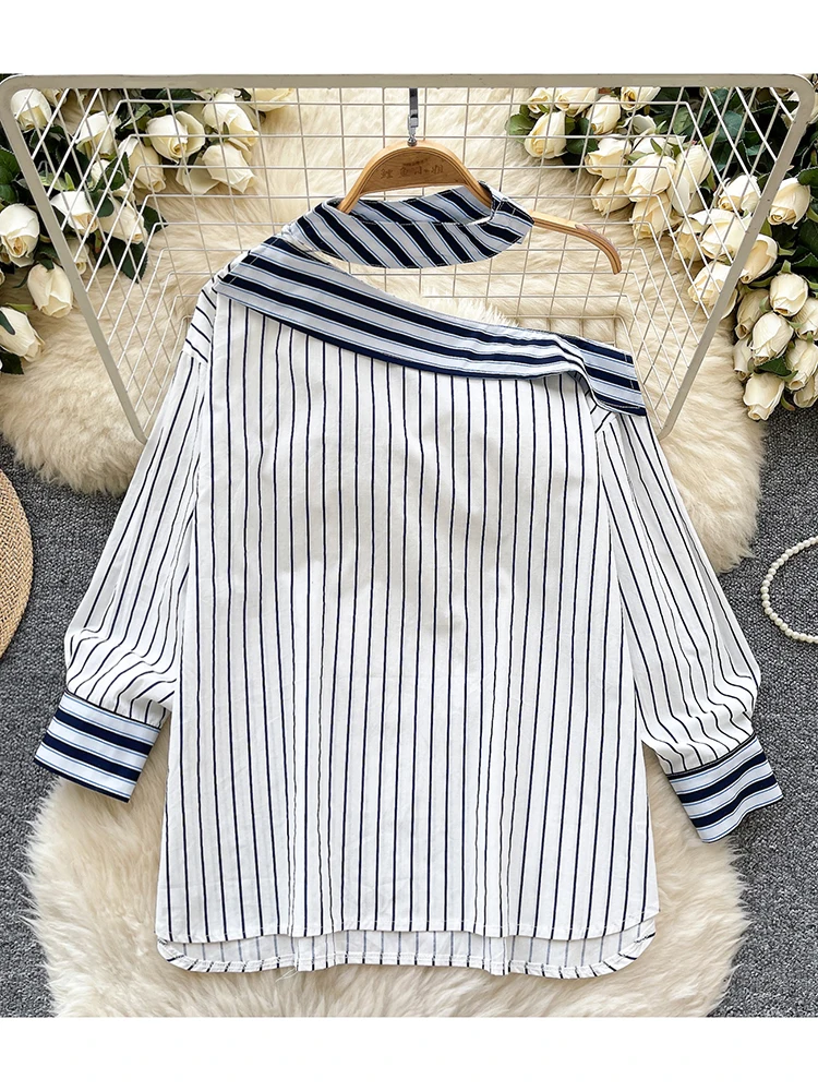 

Women Spring Blouse Korean Version Hollow Out Shoulder Hanging Neck Long Sleeved Striped Loose Slimming Versatile Chic Top BL070