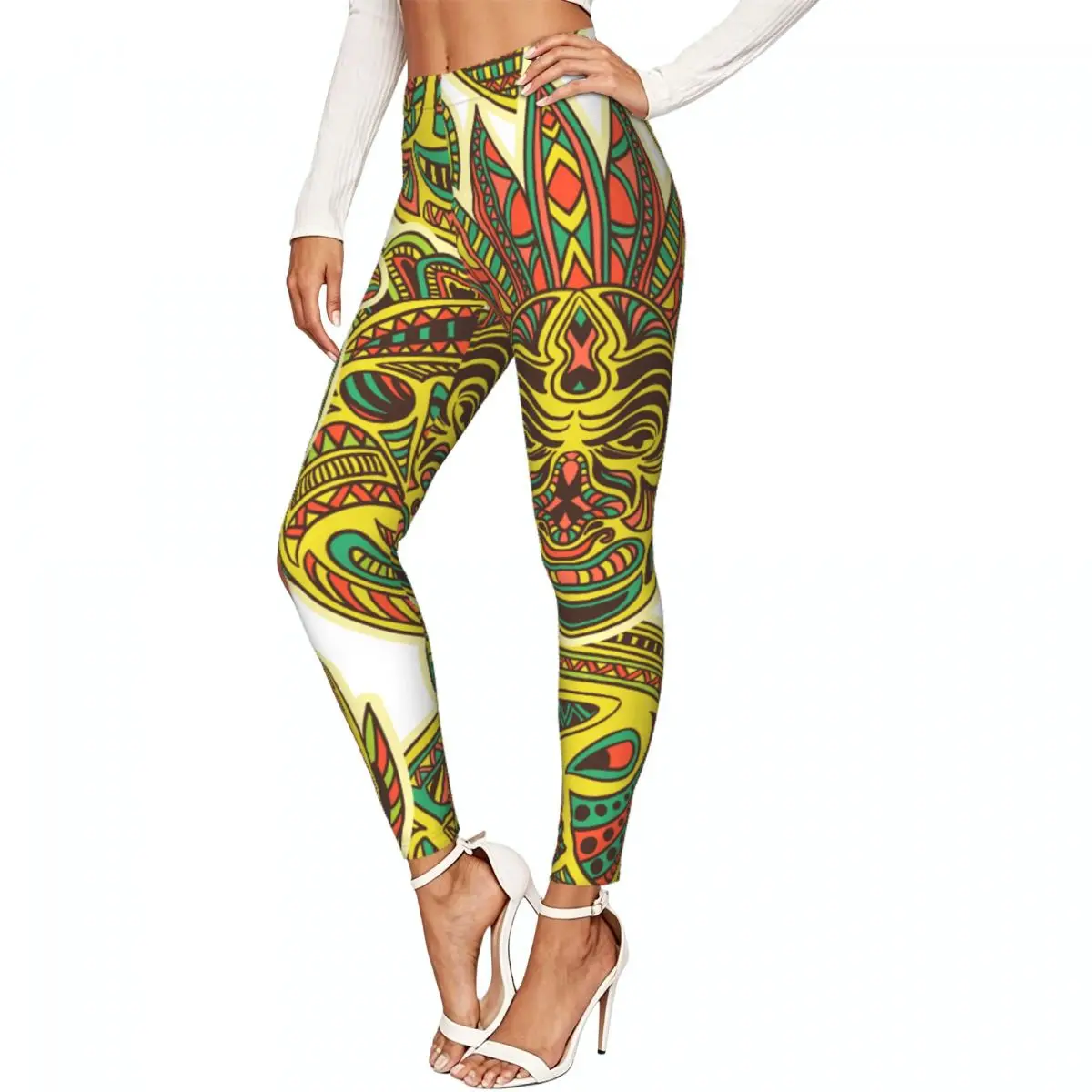 Tribal Mask Collection_Retro Ethnic Ornament Pattern Women Stretchy Leggings High Elastic Comfortable Fitness Yoga Pants