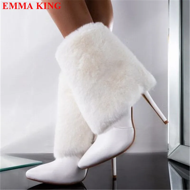 2022 Winter Snow Boots Women Fur Ankle Boots For Women Fluffy Hairy High Heels White Boots Female Pointed Toe Party Shoes Woman