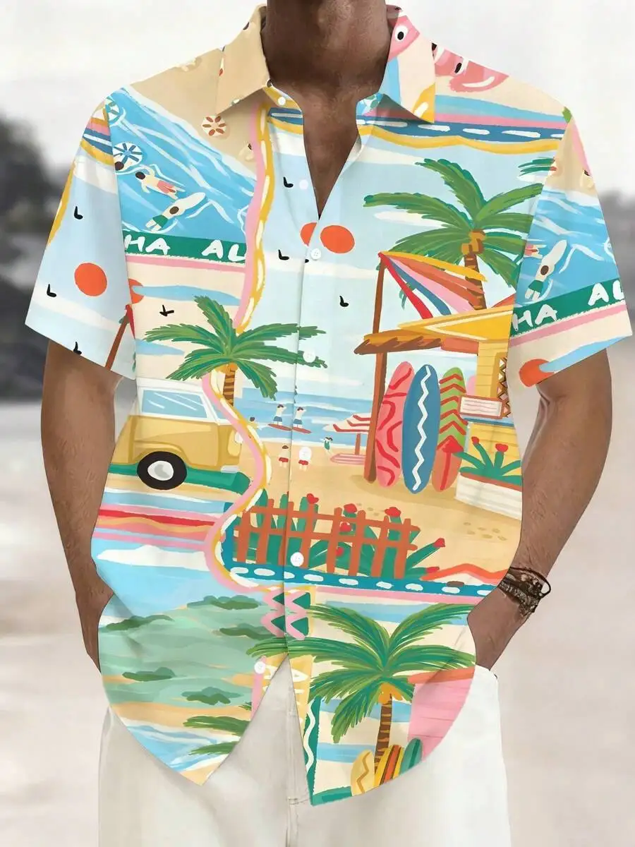 

Tropical Beach Print Mens Casual Short Sleeve Button Down Hawaiian Shirt