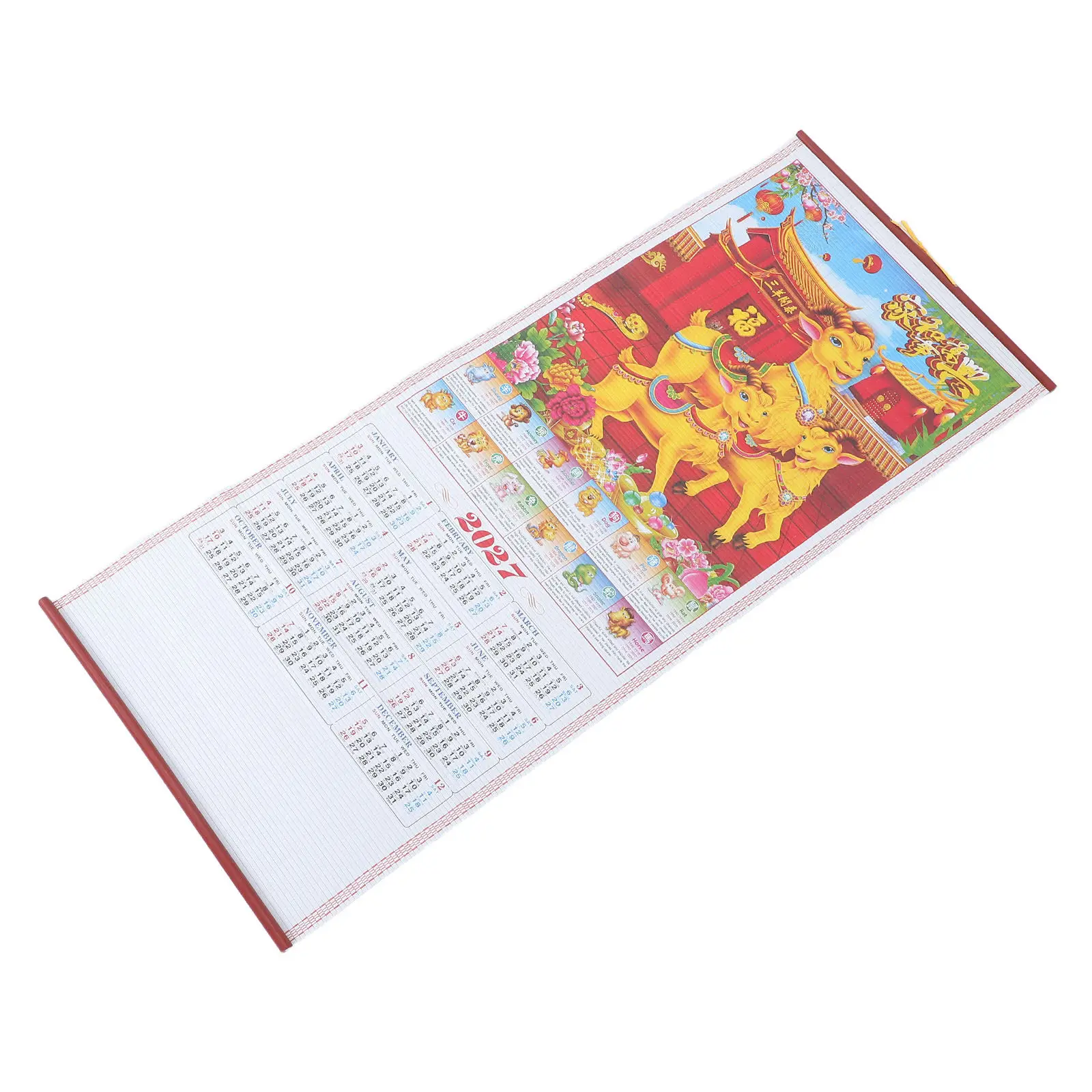 

Year of The Goat Imitation Rattan Wall Scroll Calendar 2027 Decorative Hanging Poster Home Office Zodiac Feng Shui Lunar New