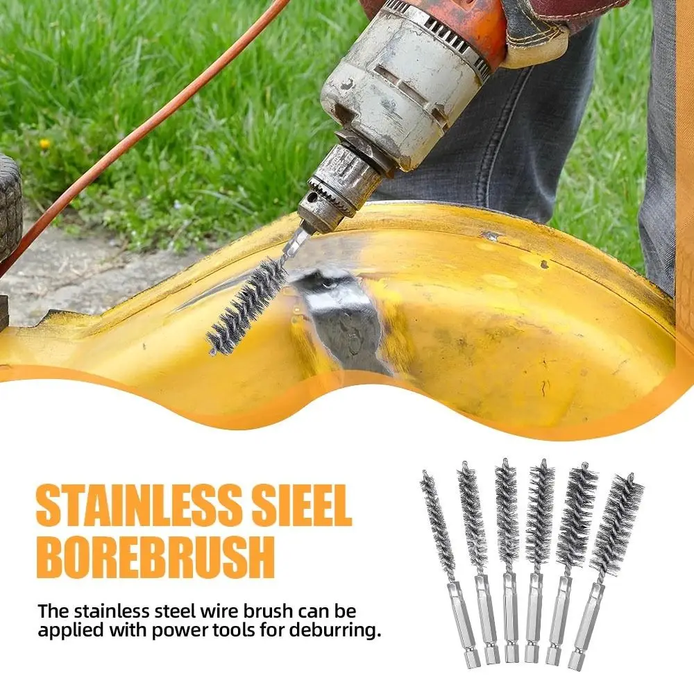 1/6Pcs Stainless Steel Steel Bore Brush With Handle 1/4 6.35mm Hex Shank Twisted Wire Borebrush Washing Polishing Tools 8-19mm