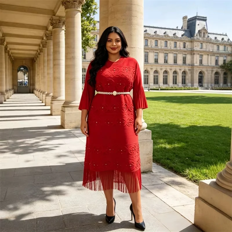 ANLAN Women Red Jacquard Pleated Midi Dress O-Neck Three Quarter Flare Sleeve Beaded Pearl Waist Belt Fringe Hem Party Gown 2A67