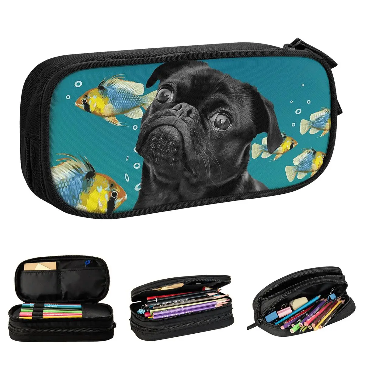 Pug preto com peixes tropicais lápis casos moda caneta titular saco meninas meninos grande capacidade estudantes escola cosméticos pencilcases