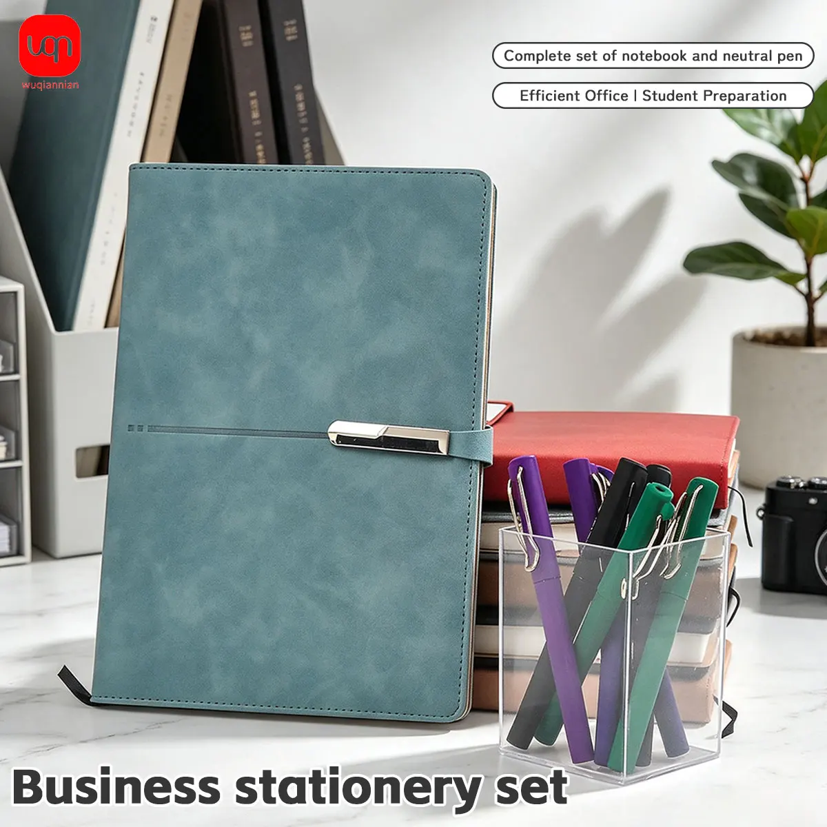 PU Business Notebook 0.7mm Gel Pen Set Notebook with Pen Holder, Strap Closure, Non-Slip Pen Grip, and Metal Pen Clip