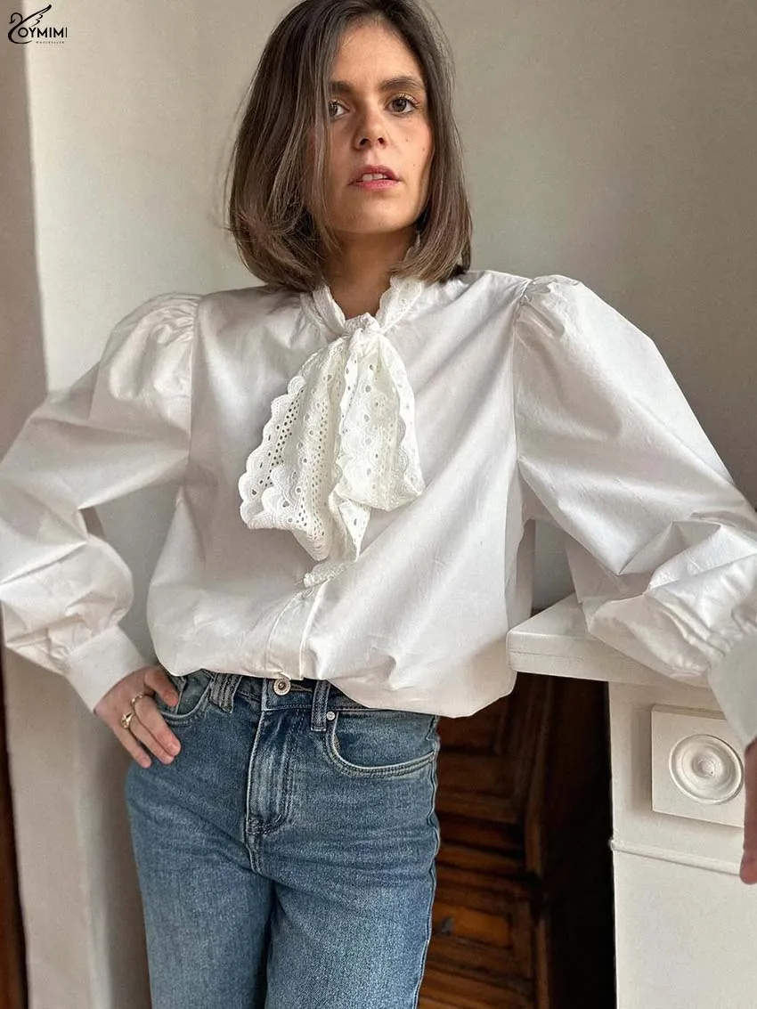 Oymimi, camisa informal de algodón blanco para mujer, camisas de manga larga con encaje a la moda, camisas con una botonadura, camisas elegantes nuevas sólidas con cordones y cuello