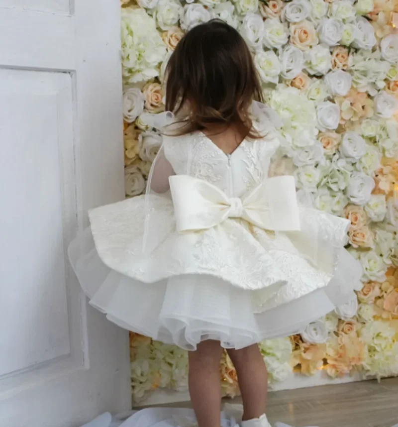 High Quality Ivory White Flower Girl Dresses with Bow Short Skirt Knee Length Christmas Gowns 2024 New Birthday Party Dresses