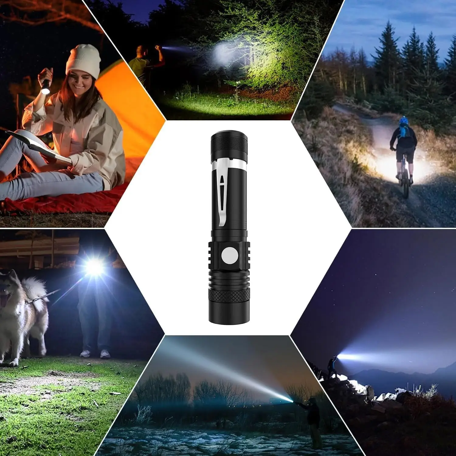 2000LM T6 LED Flashlight, USB Rechargeable & Tactical Zoomable Defense Light with Clip, Waterproof Torch for Outdoor Camping
