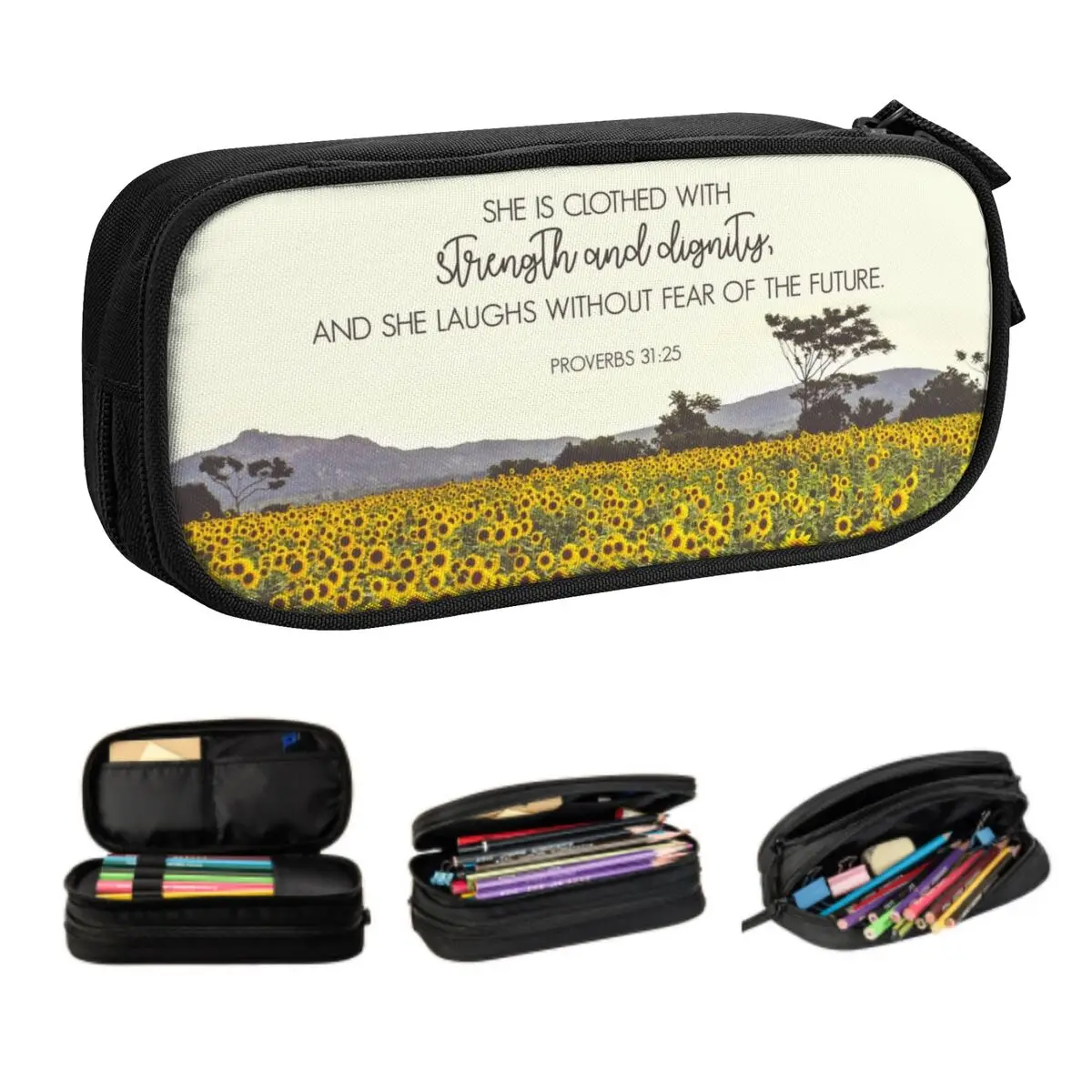 Custom Proverbs And Sunflowers Pencil Case for Girl Boy Large Storage Flower Pen Bag Box School Supplies