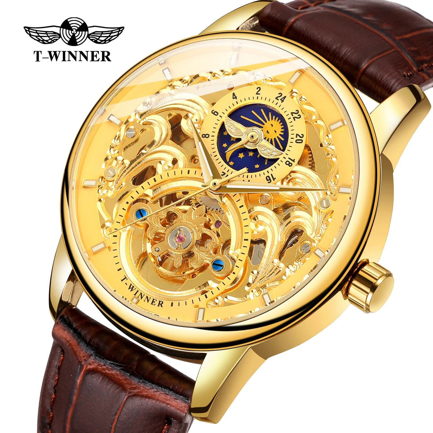 Mechanical Watch Men Moon Phase Carved Skeleton Dial Mens Watches Luxury Brand Design Fashion Wrist Watch For Men Leather Band