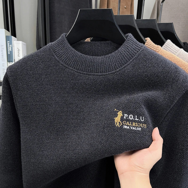 

Теплый свитер с вышивкой и полувысоким воротником из плотного бархата для мужчин, зимний молодежный вязаный пуловер, модный свитер