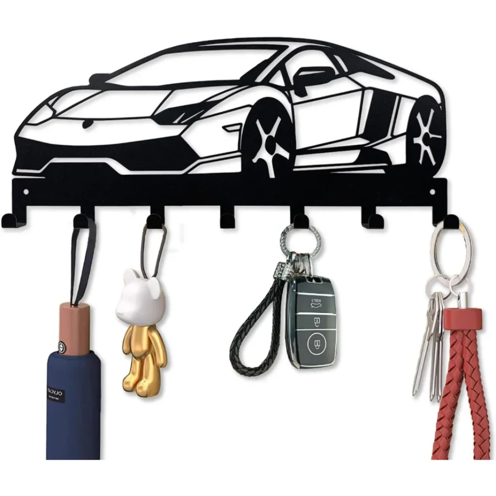 Metal Key Holder for Wall, Car Metal Key Organizer Wall Decorative with 7 Hooks, Black Wall Mount Key Holder for Entryway Front