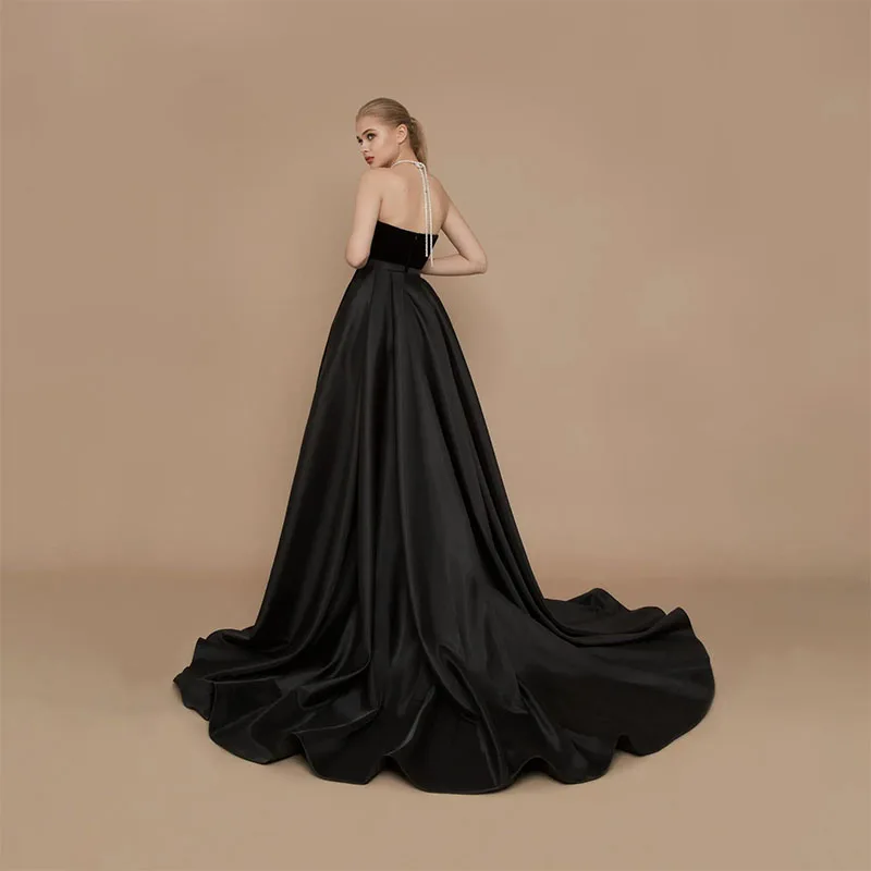 Black Evening Dress 2024 Satin Side Split Sweetheart Sweep Train A Line Prom Dress Party Wear Sleeveless Formal Gowns