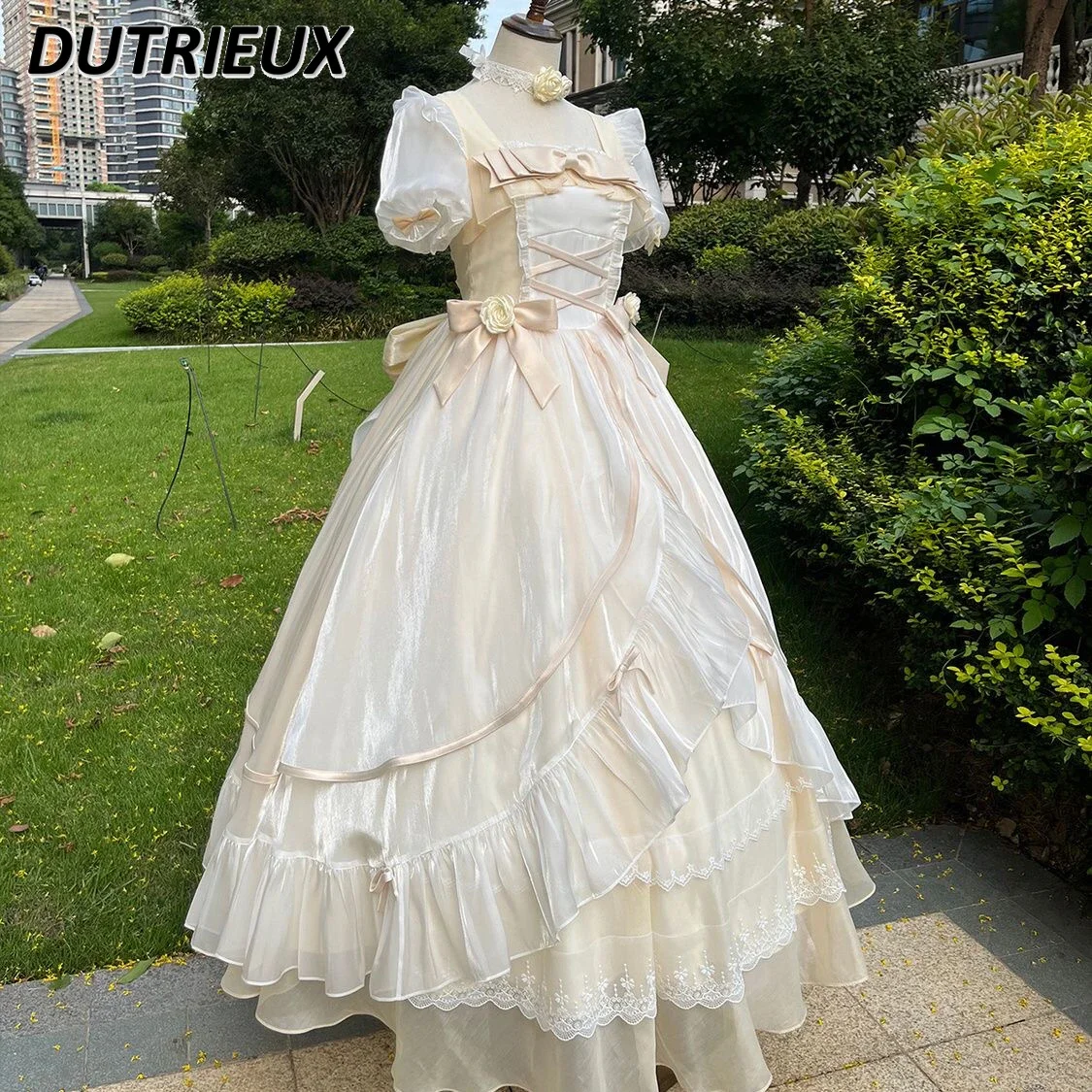 

Lolita Elegant Large Swing Fairy Slim Long Dress Sweet Cute Girl Birthday Princess Square Collar Short Sleeve Maxi Dresses