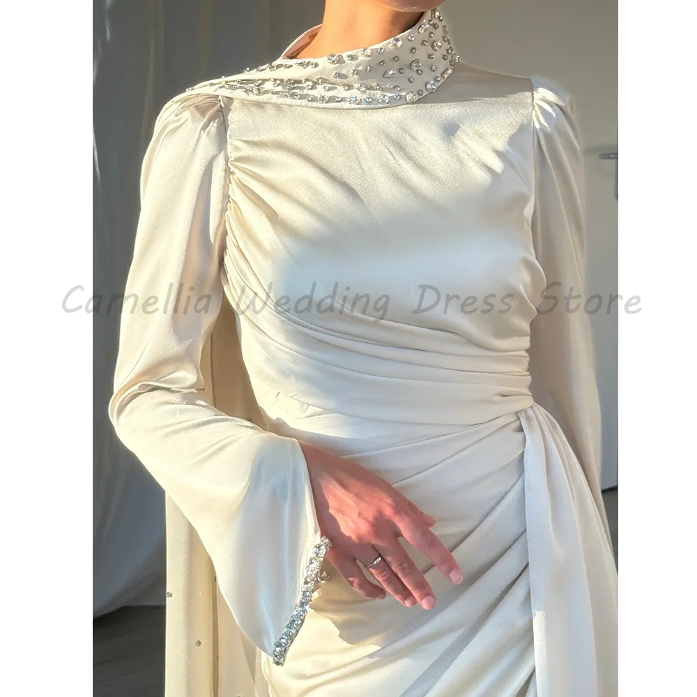 

Satin Cape Sleeve Evening Gown High Neck Rhinestone Beaded Ruched Waist Mermaid Formal Wedding Guest Maxi Dress