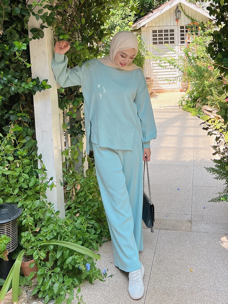 Autumn Knitwear 2 Piece Set for Women, Pullover Tops + Wide Legs Pants, Warm Modest Muslim Outfit, Islamic Clothing, Ramadan