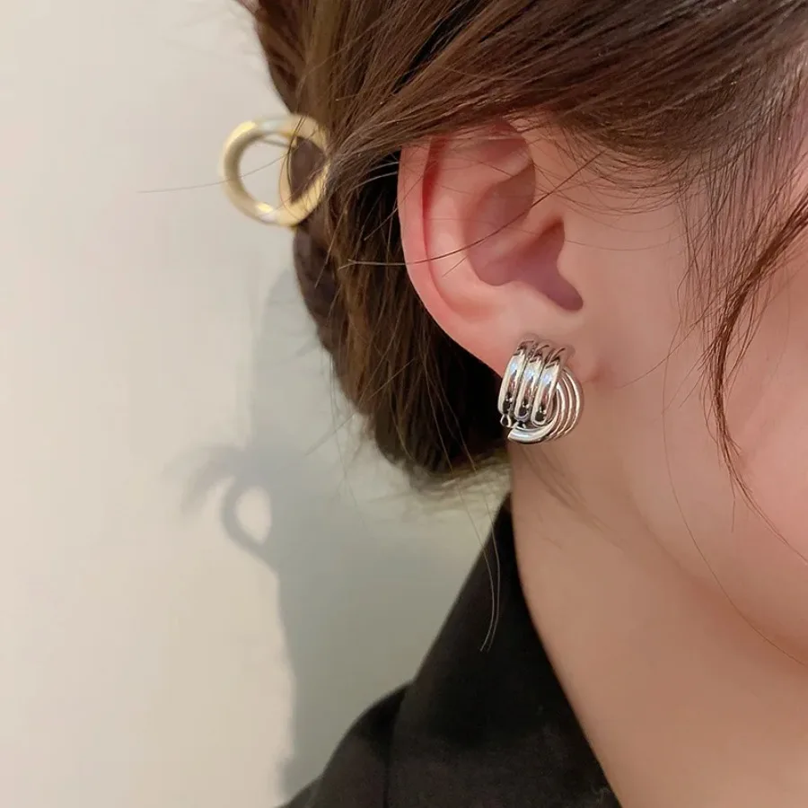 Fashion Glossy Three-Layer Textured Intersecting Knot Earrings for Women Gold Color Stainless Steel Earring Vintage Jewelry Gif