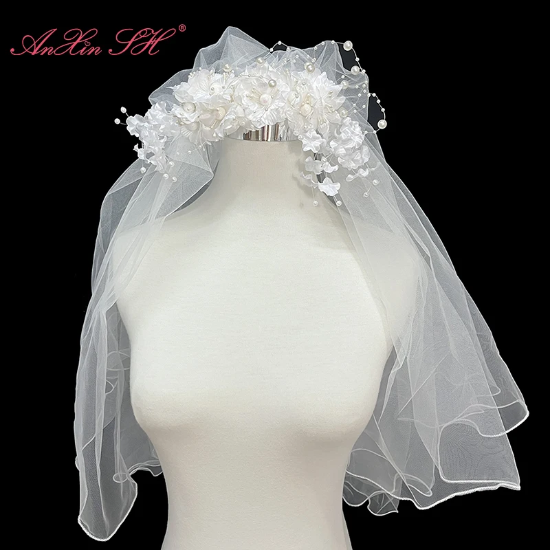 

AnXin SH vintage bride white flower veil princess beading peals wedding bride props marriage French proposal lace bride veil