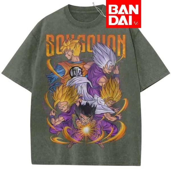Camiseta Verde Oversize Lavada de Dragon Ball Z Son Gohan (Todas las Formas) - Colección Verano 2026 - Estilo Urbano Anime con Gráficos