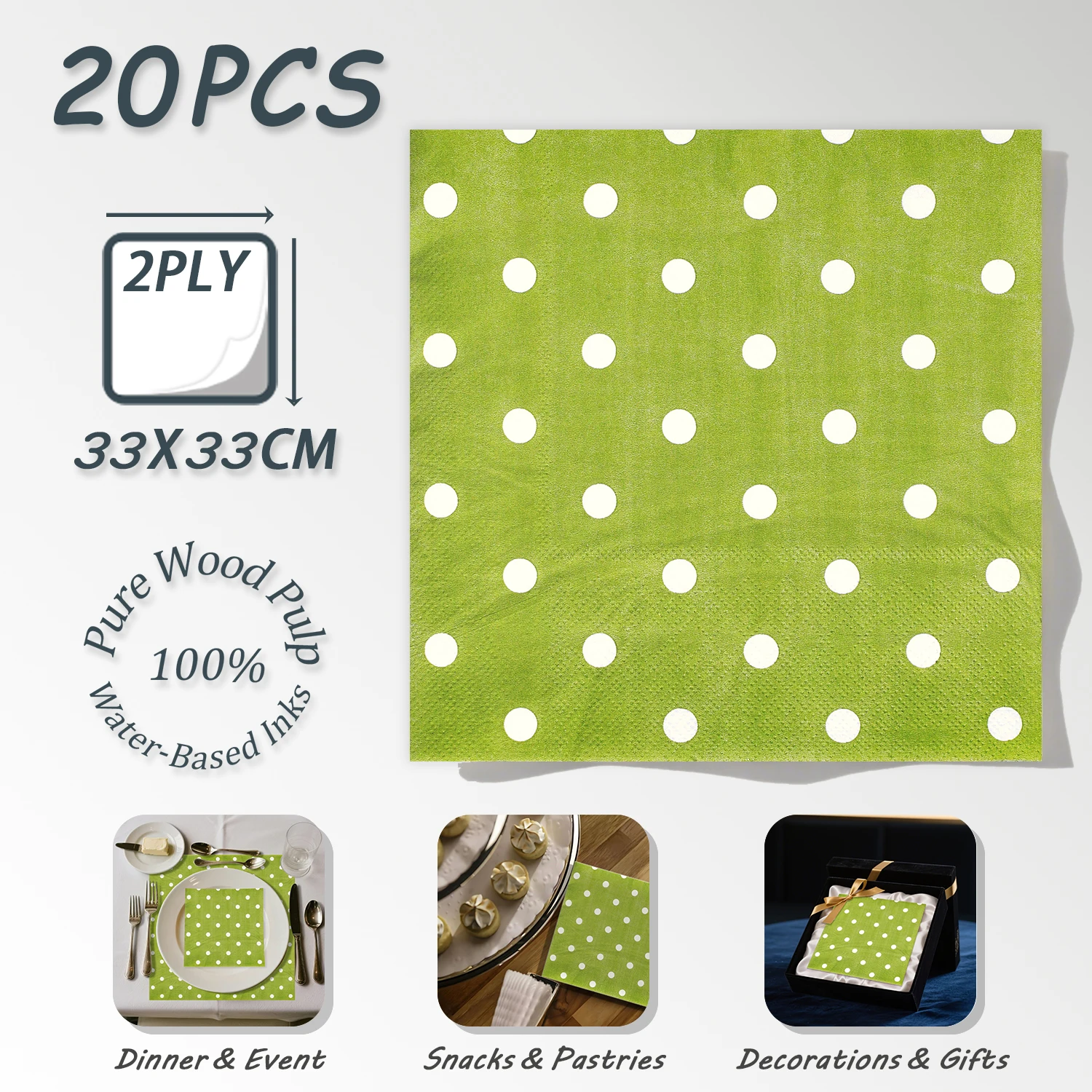

20pcs Printed Paper Napkin Green Polka Dot Fun Waterbased inks Pure Wood Pulp 33x33cm Decorative Napkins Kids Party
