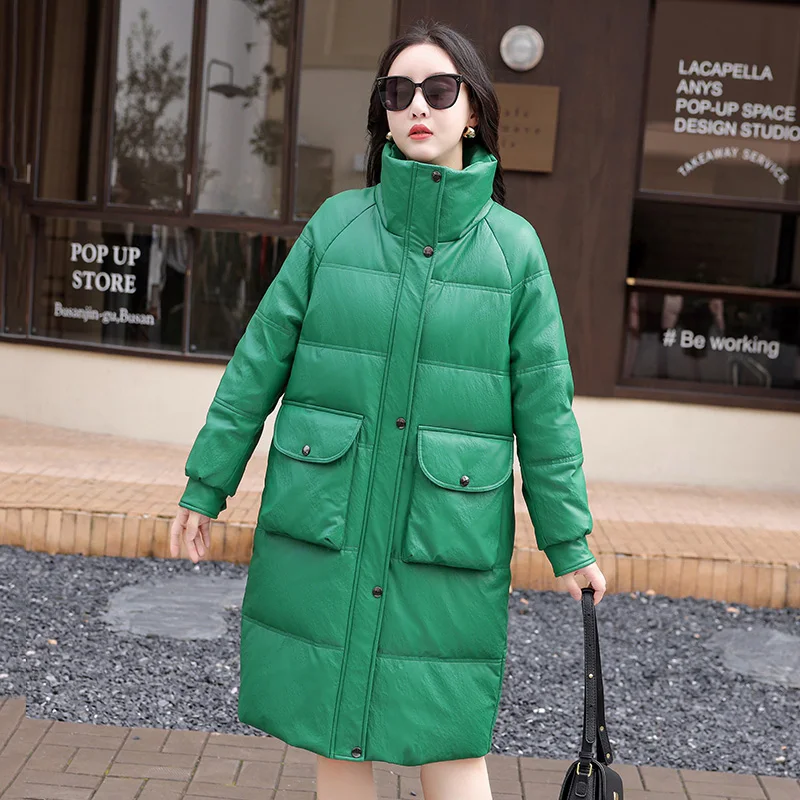 

New Women Green Sheepskin Down Coat Winter Fashion Warm Stand Collar Casual Loose Long Leather Down Outerwear Split Leather