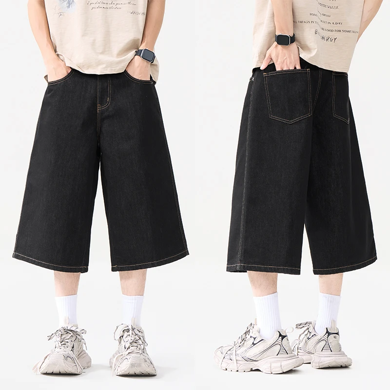 

Vintage Black Blue Denim Summer Washed Teacolored Contrast Stitched Men's Denim Shorts Raw Denim Cropped Jeans