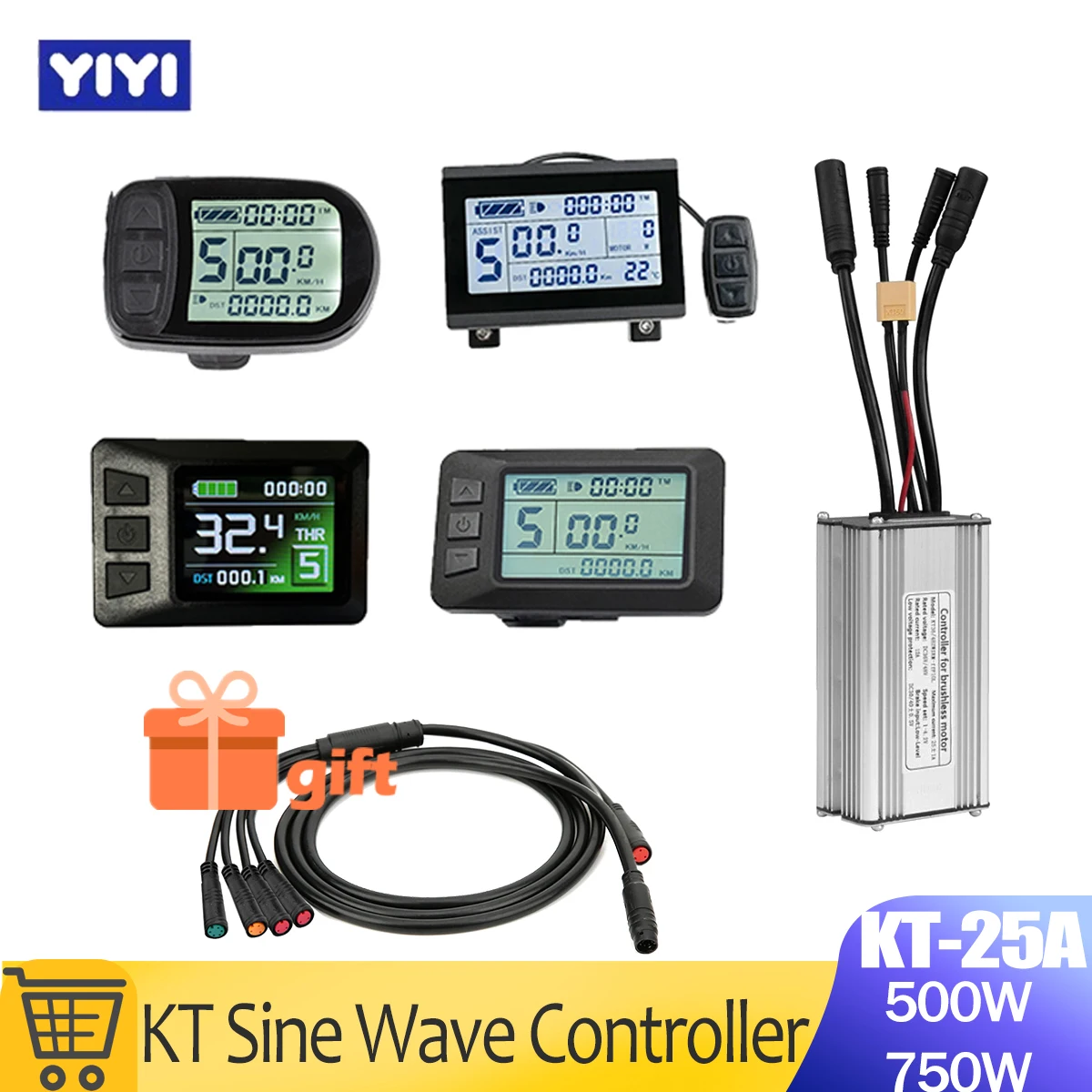 Ebike Conversion Parts KT 25A Sine Wave Controller 36V 48V 500W 750W 9 Mosfets with LCD3U LCD5 LCD8HU Display Waterproof Kit