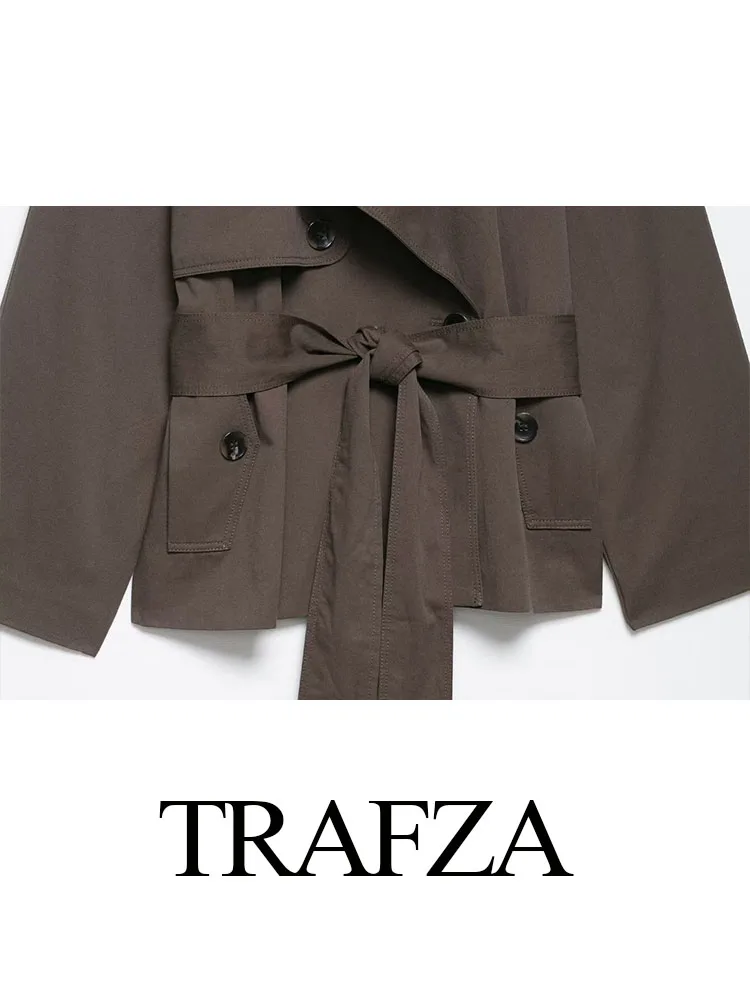 

TRAFZA женские осенние шикарные куртки однотонные с отложным воротником на шнуровке однобортные женские модные пальто с длинными рукавами