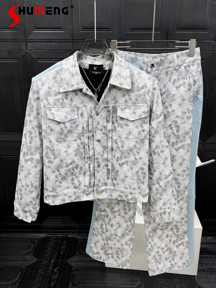 

Men's 2025 Autumn New Fashion 2pcs Men's Stylish Pants Sets Trend Loose Printed Long Sleeve Jackets Trousers Chic Two-Piece Sets