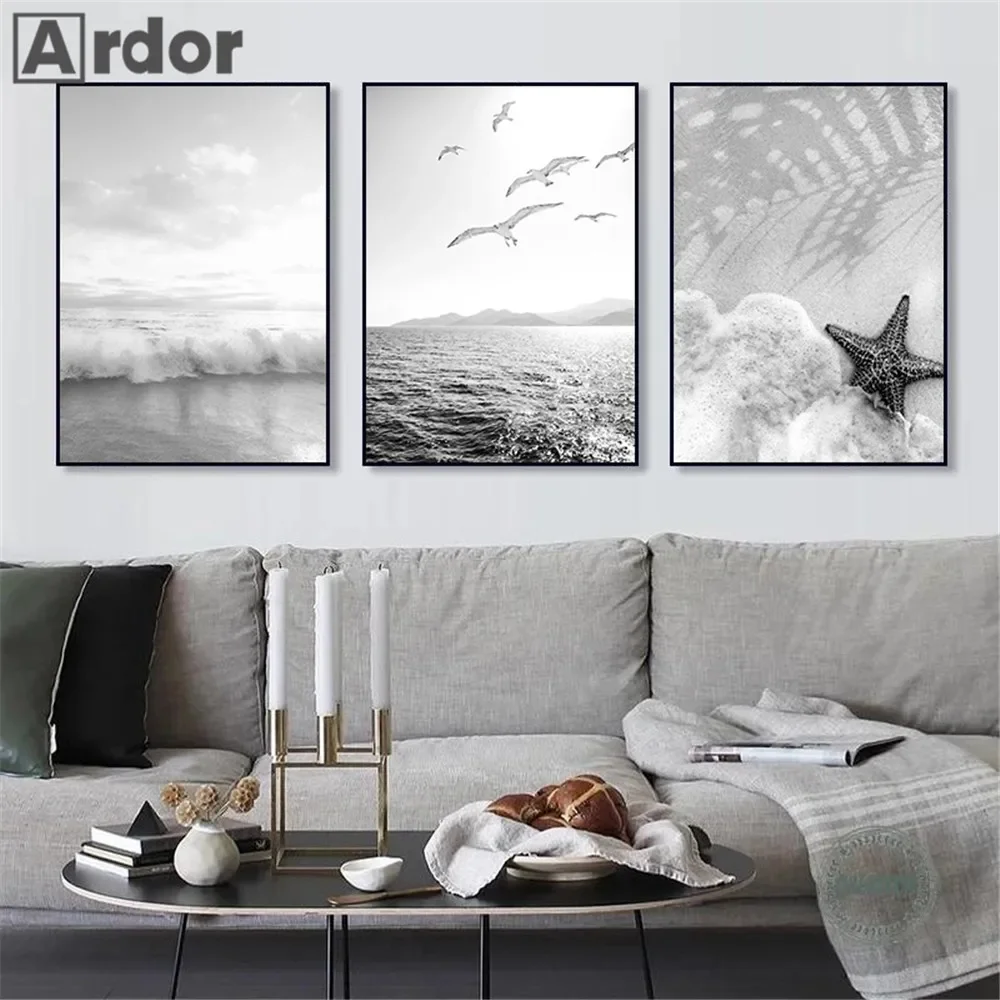 흑백 불가사리 해변 벽 포스터 자동차 야자수 여름 풍경 아트 프린트 캔버스 그림 북유럽 홈 데코 / 홈 인테리어, image size:1000x1000