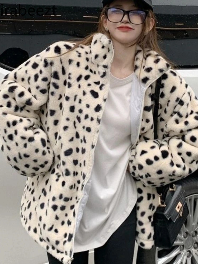 Women Europe Fashion Design High-end Retro Leopard Print Coat High Neck Zipper Cow Print Thickened 2024 Jacket Women