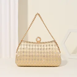 Teardrop Diamond Evening Dinner Bag Pearl Buckle Top-handle Handbags Chain Shoulder Purse Half Moon Rhinestones Party Clutches