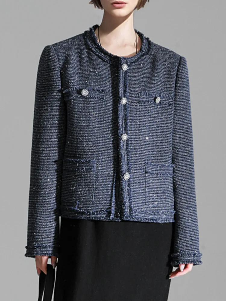 ZMEENNA Elegante marineblaue Tweed-Jacke für Damen, kurzer Mantel, ausgefranste Besatzknöpfe, lange Ärmel, Rundhalsausschnitt, Oberbekleidung ZM4340